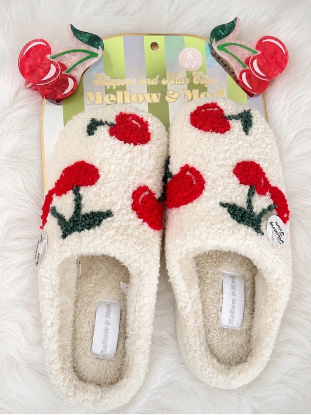 Women’s Cream Cherry Fuzzy Slippers